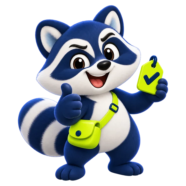Recon the Raccoon giving a thumbs-up and holding a price tag with a checkmark